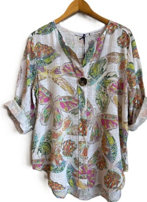 Tempo Paris Linen top with butterfly print and big button adornment