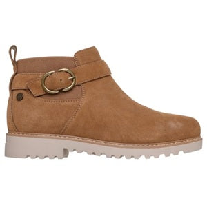 Tan boot with gold buckle on a white background