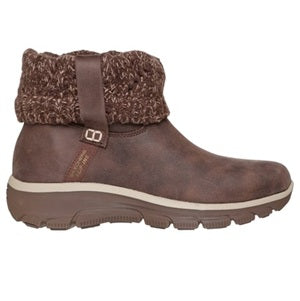 Brown winter boot with patterned cuff on a white background