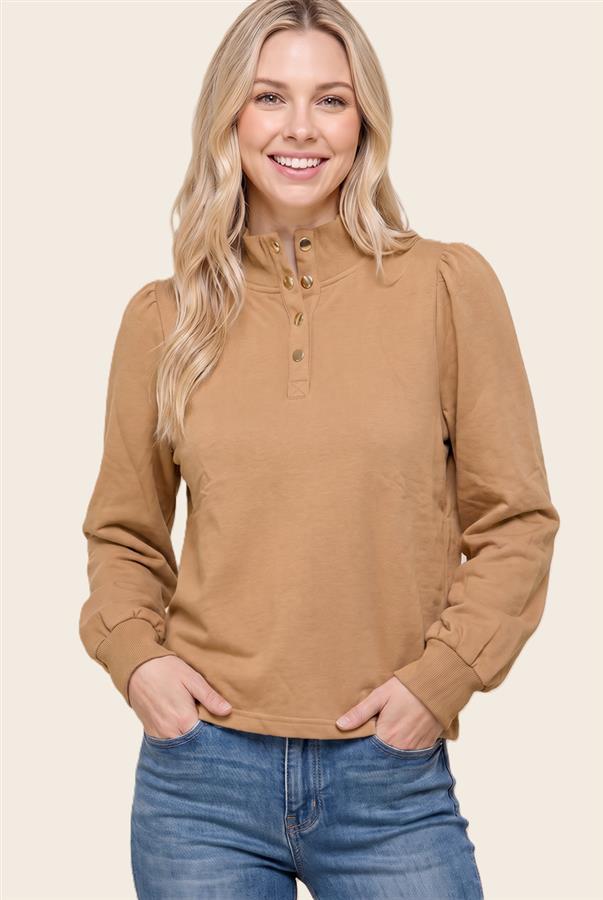 Staccato Moc Button Neck Long Puff Sleeve Top