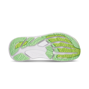 Close-up of a green and white athletic shoe sole on a white background
