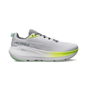 Gray running shoe with green accents on a white background