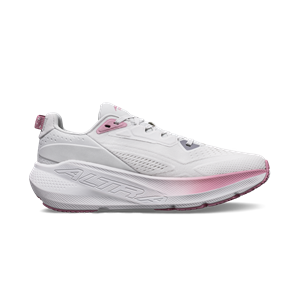 White running shoe with pink accents on a white background