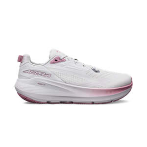 White running shoe with pink accents on a white background