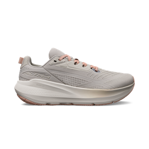 Light gray running shoe with pink accents on a white background