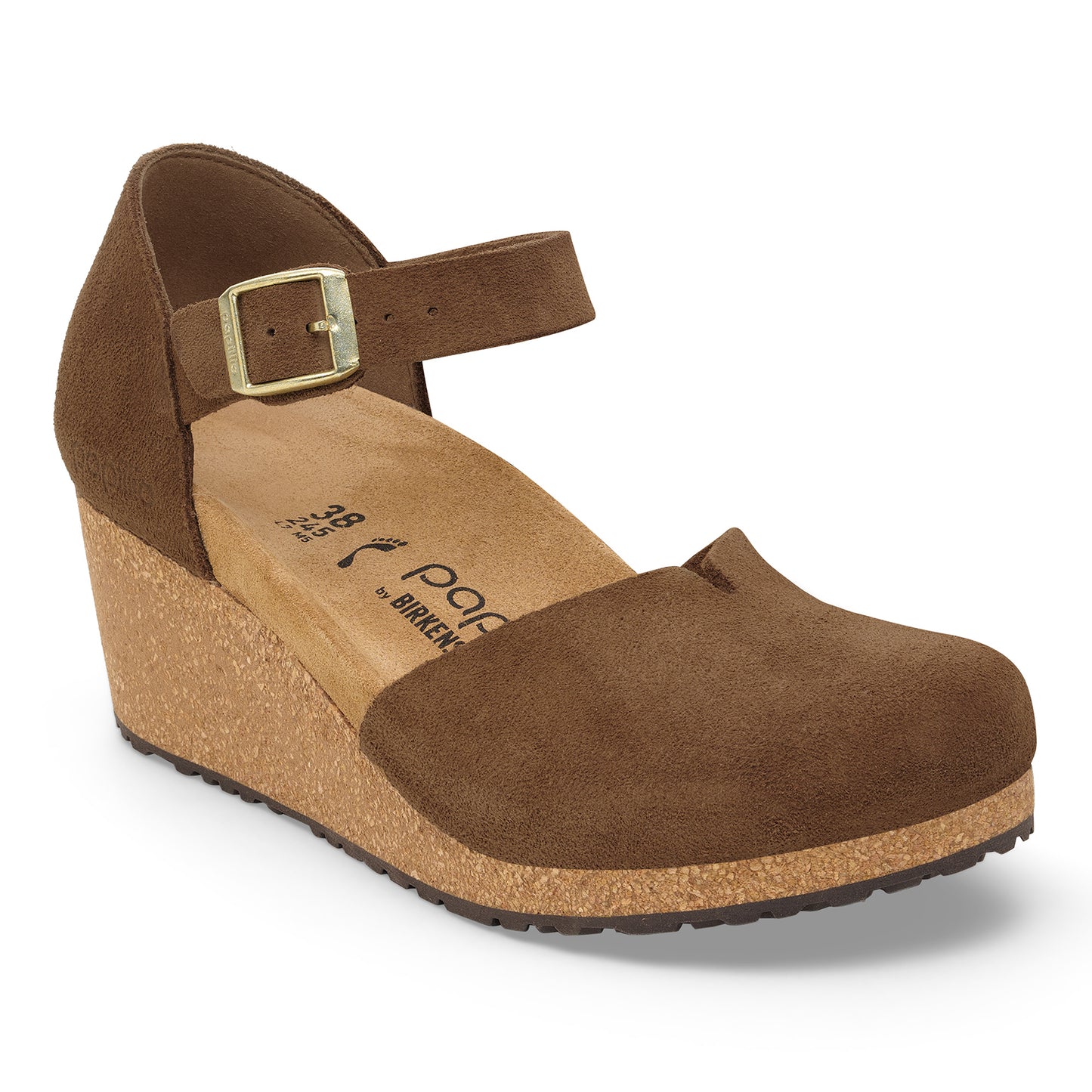 Brown wedge sandal with cork sole on a white background