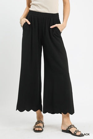 Umgee Linen Blend Scallop Hem Wide Leg Pants