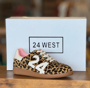 Leopard print sneakers with '24 West' branding on a box