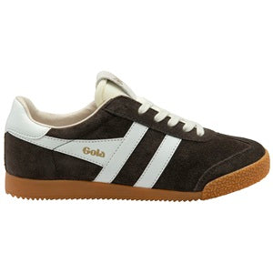 Black and white sneaker with brown sole on a white background