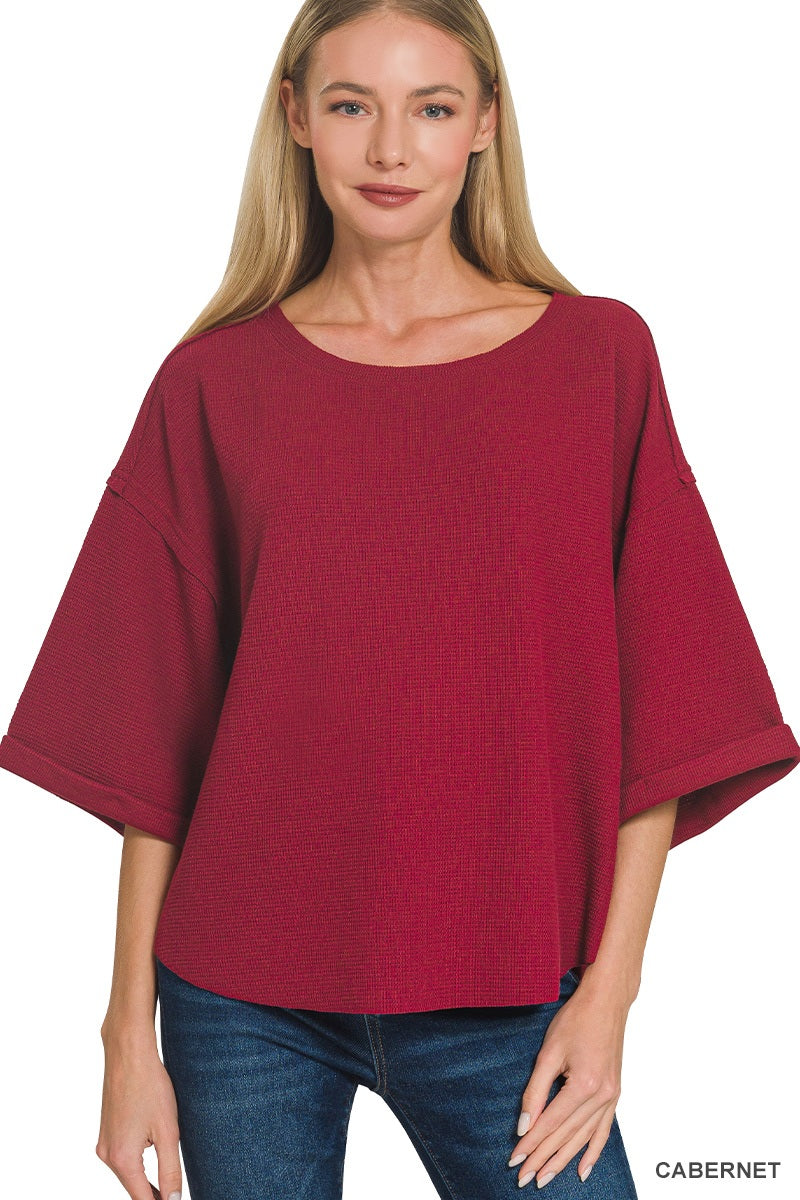 Zenana Double Knit Exposed Seam Curved Hem Top