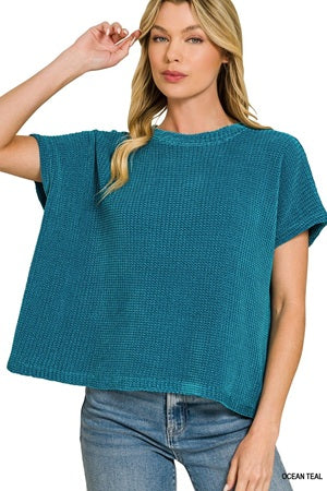 Women's teal Chenille Waffle Cap Sleeve Sweater