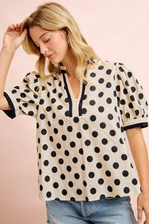 Bibi Polka Dot Contrast Sleeve Top