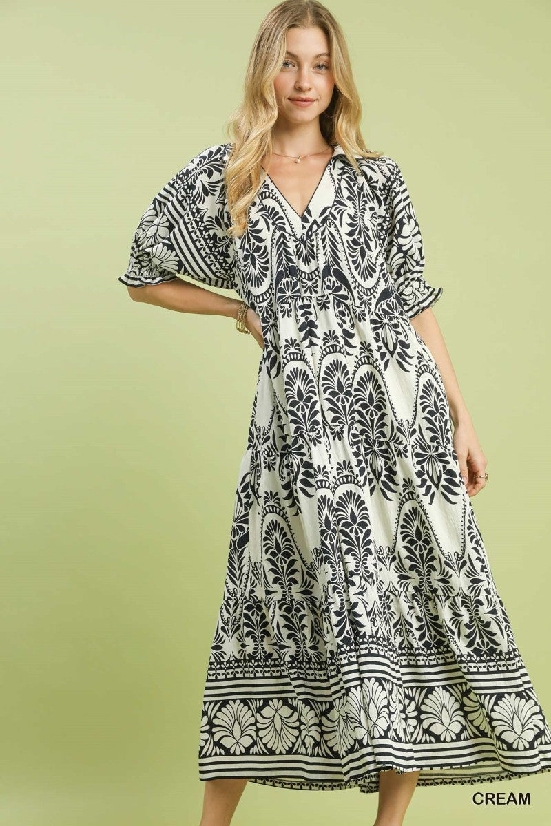 Umgee Midi Dress - Two Tone Border Print