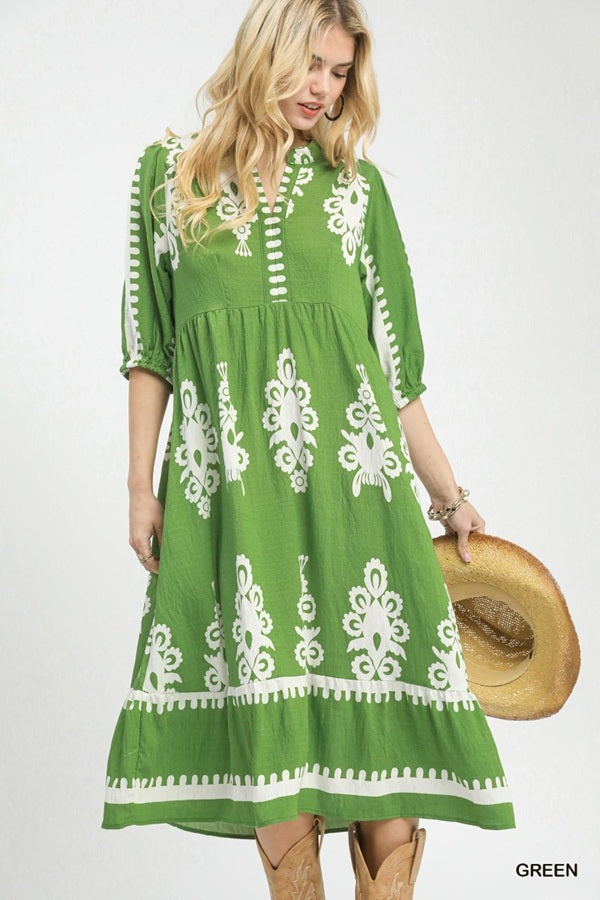 Umgee Tiered Babydoll Midi Dress - Abstract Print