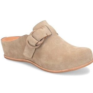 Taupe suede clog with wrapped low wedge heel