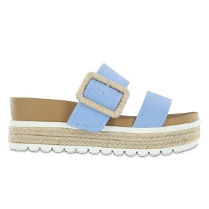 vegan leather, two strap sandal with a buckle opening, contoured footbed and finished on a 2.3 inch heel