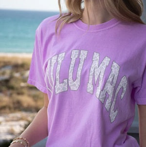 women's purple tee with "Lulu Mac" printed on it