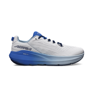 Men's white running shoe with blue accents on a white background