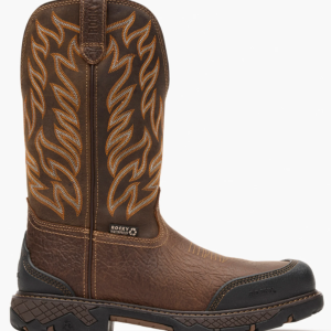 Brown leather boot with intricate stitching pattern on a white background