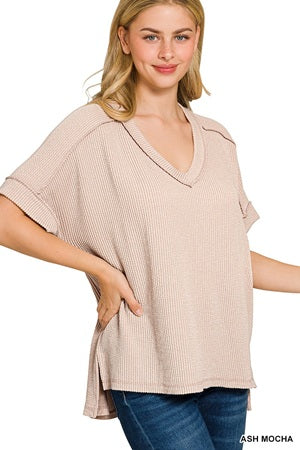 Zenana Raised Rib SS V-Neck Top