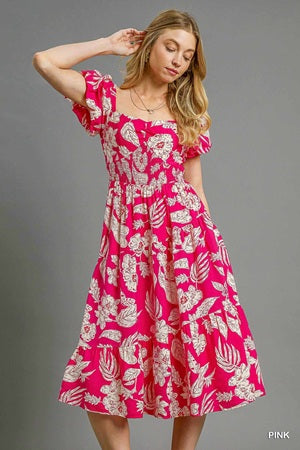 Umgee Smocked Puff Sleeve Midi Dress PINK / S