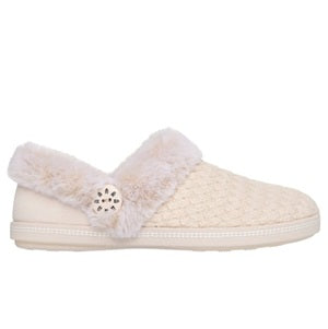 White slipper with fur trim on a white background