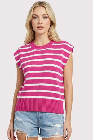 women's cap sleeve magenta sweater with white Stripes