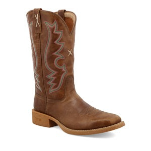 Women's brown cowboy boot with white stitching on a white background