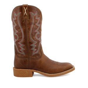 Women's brown cowboy boot with white stitching on a white background