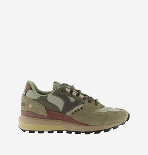 Olive green sneaker with red accents on a white background