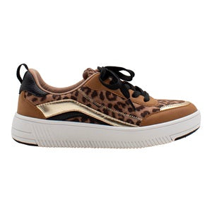 Brown sneaker with leopard print pattern on a white background