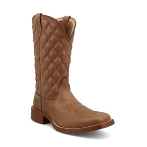 Brown cowboy boot with quilted pattern on a white background