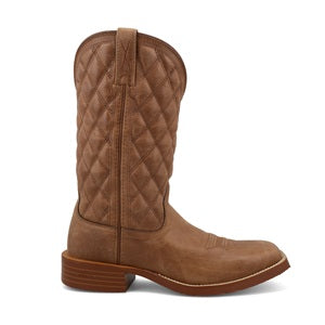 Brown quilted cowboy boot on a white background