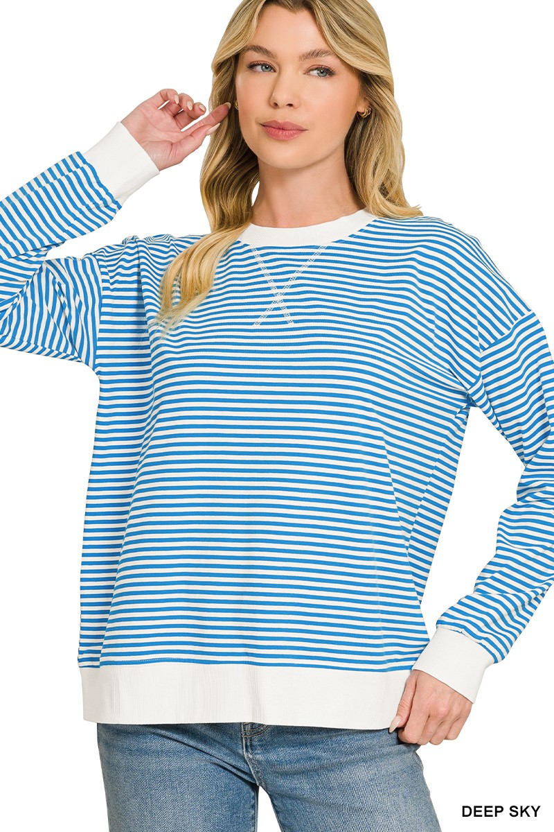 Women's long sleeve banded blue and white stripe top