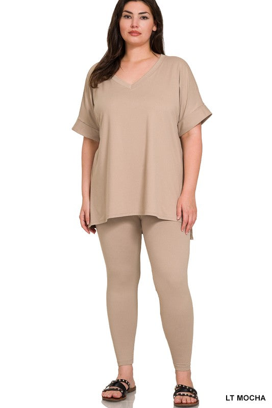 Woman wearing a light brown outfit on a white background