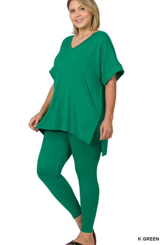 Woman wearing a green outfit on a white background