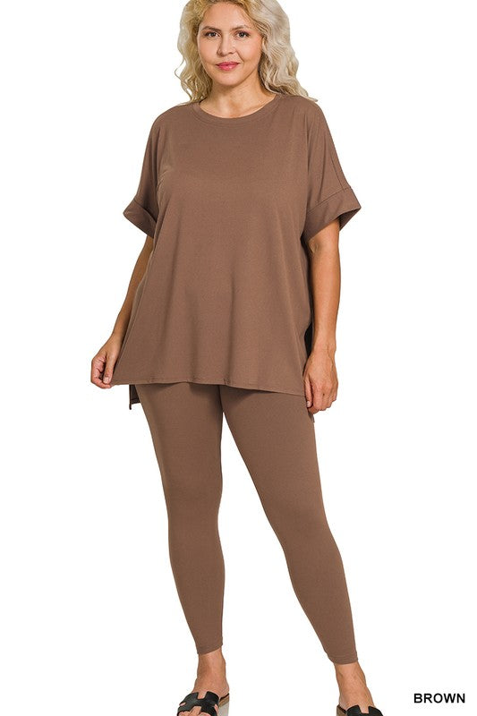 Woman wearing a brown outfit on a white background