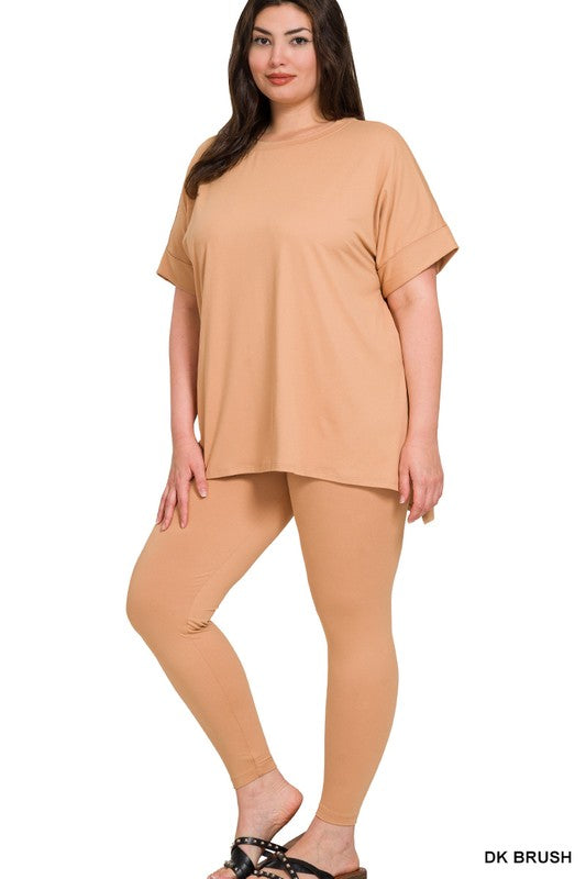 Woman wearing a beige outfit on a white background