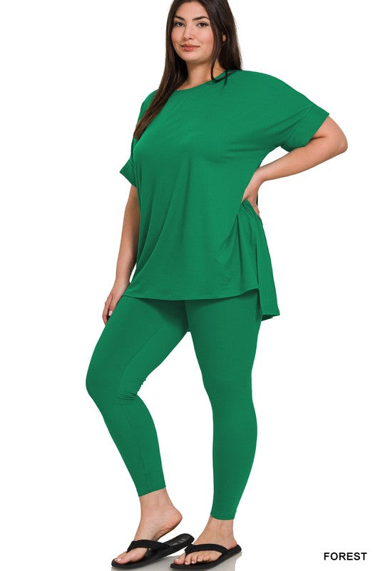 Woman wearing a green outfit on a white background