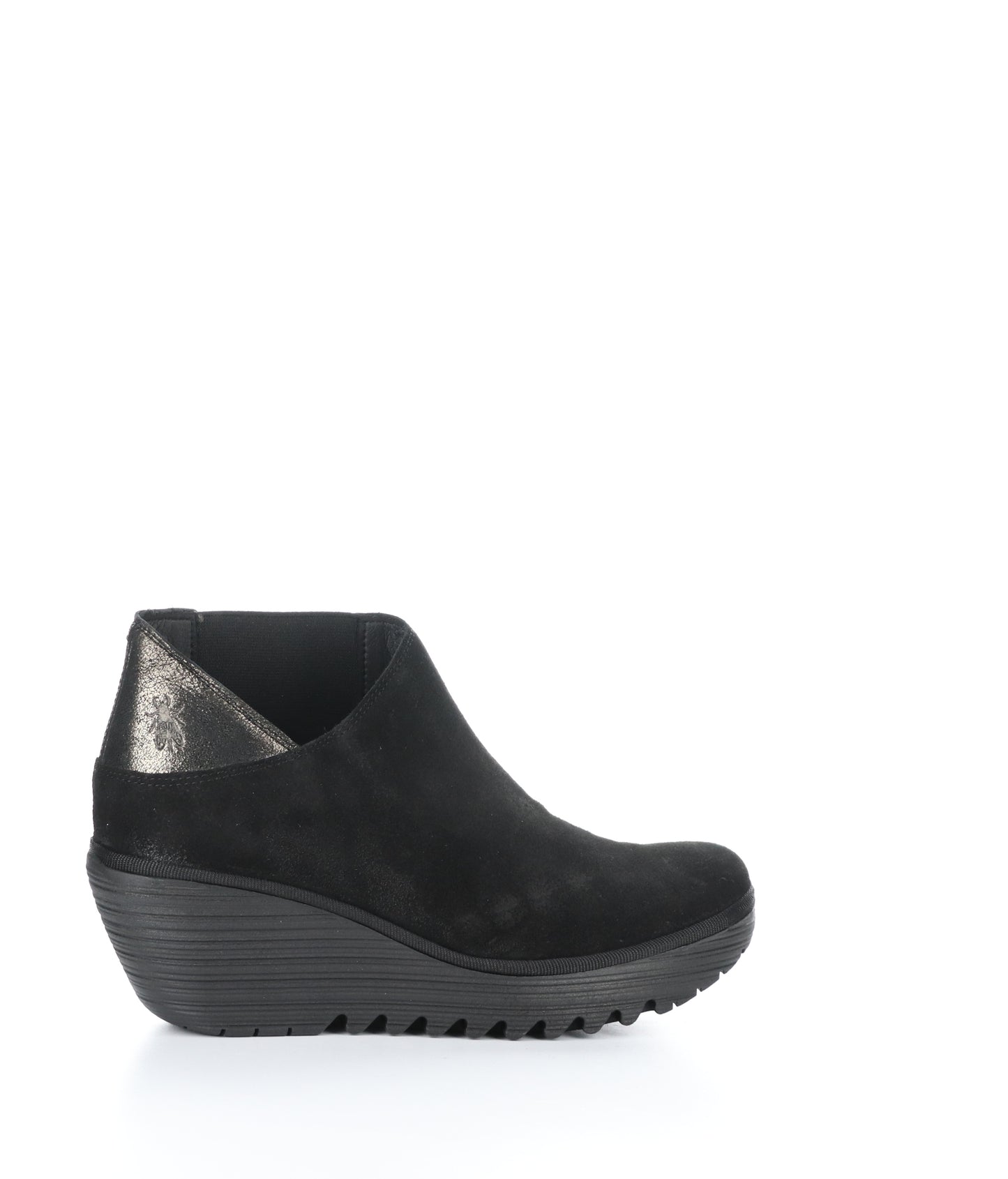 ladies' black suede and metallic wedge bootie