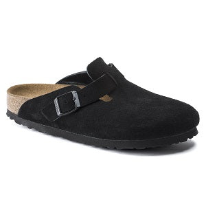 classic suede clog on a cushioned cork footbed that creates a customized fit with wear