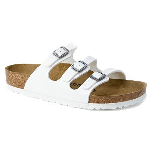 ladies' leather look 3 strap sandal over a cork midsole