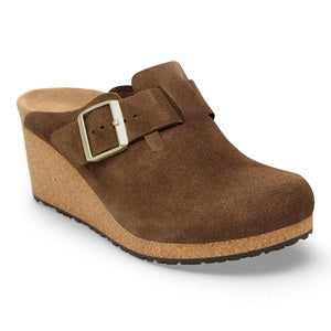 Brown wedge clog shoe with a buckle on a white background