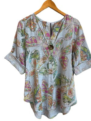 Tempo Paris Linen top with butterfly print and big button adornment