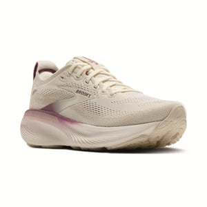 White running shoe with purple accents on a white background