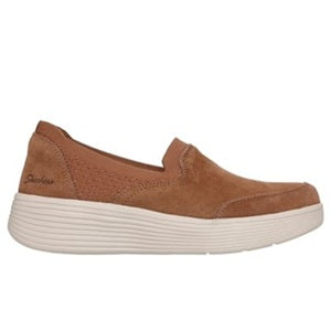 Ladies' Brown slip-on shoe with white sole on a white background