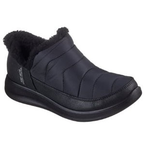 Black winter boot with fur lining on a white background