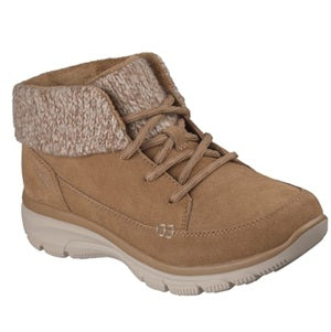 Tan ankle boot with knit collar on a white background