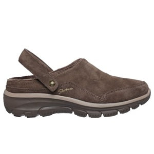 Brown suede clog shoe on a white background