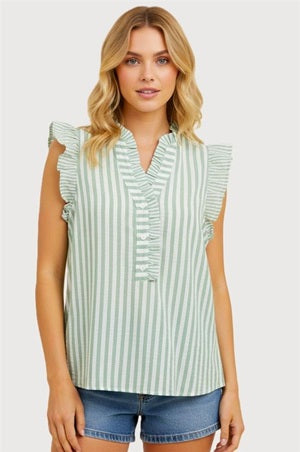 Staccato Ruffle Cap Sleeve Striped Top